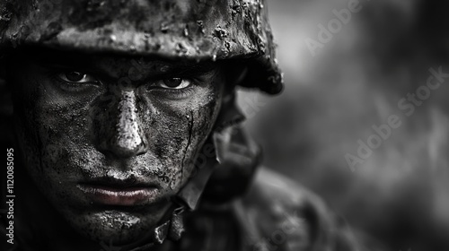 A close-up of a soldier's face smeared with mud, shows an unwavering and intense gaze forward, reflecting strength, resilience, and dedication to duty.