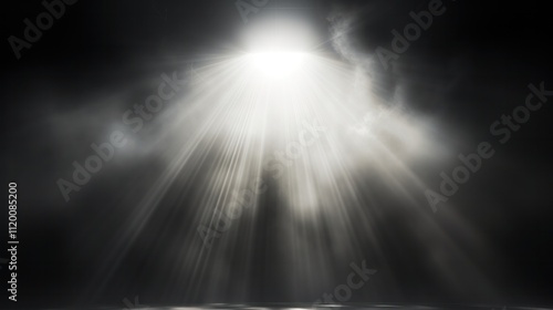 A single bright spotlight illuminating a smoky stage with visible light rays cutting through the mist