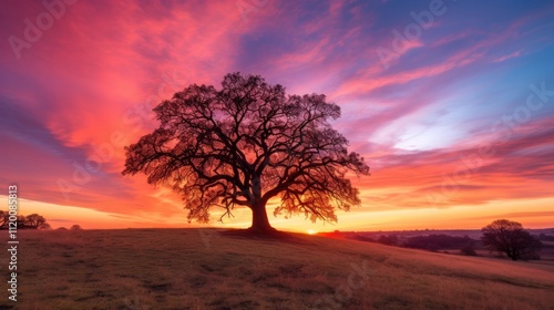 A vibrant sunset casting warm hues of orange and pink across the sky with a solitary oak tree silhouetted in the foreground