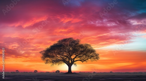 A vibrant sunset casting warm hues of orange and pink across the sky with a solitary oak tree silhouetted in the foreground