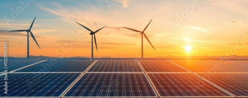 A serene landscape featuring wind turbines and solar panels under a vibrant sunset, symbolizing renewable energy and sustainable living.
