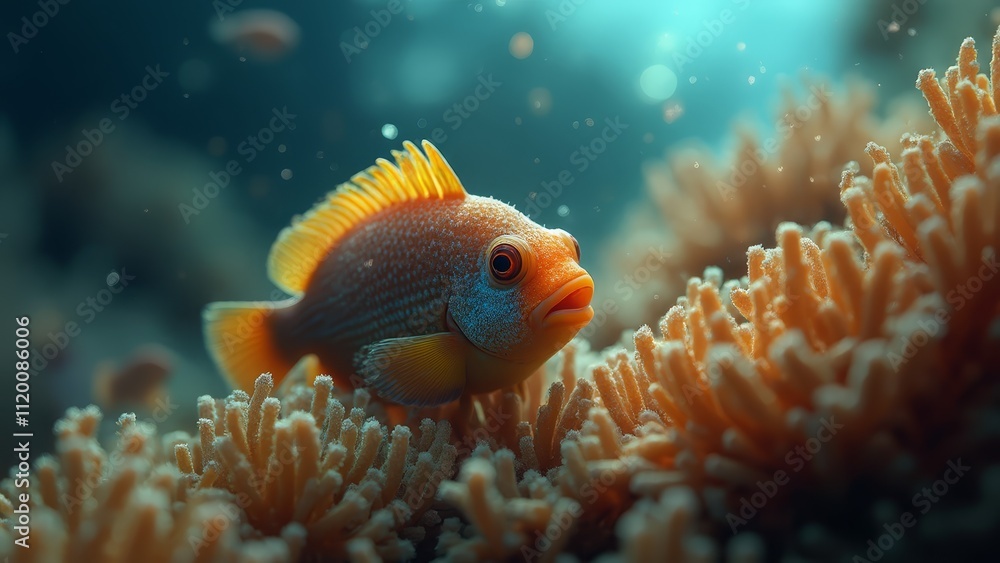 A small orange fish sitting on top of a coral reef A small orange fish sitting on top of a coral reef