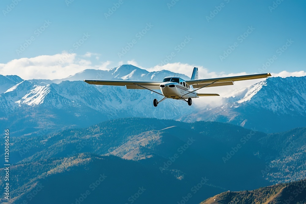 Single-engine plane flying over snowy mountains Single-engine plane flying over snowy mountains