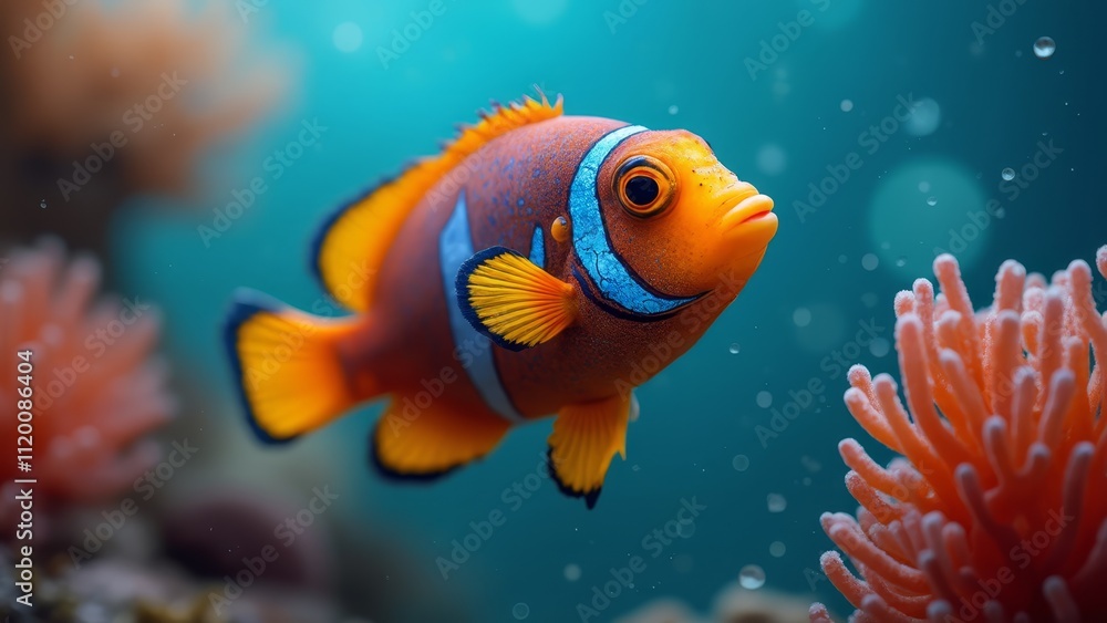 A clown fish swimming in the ocean next to anemones A clown fish swimming in the ocean next to anemones