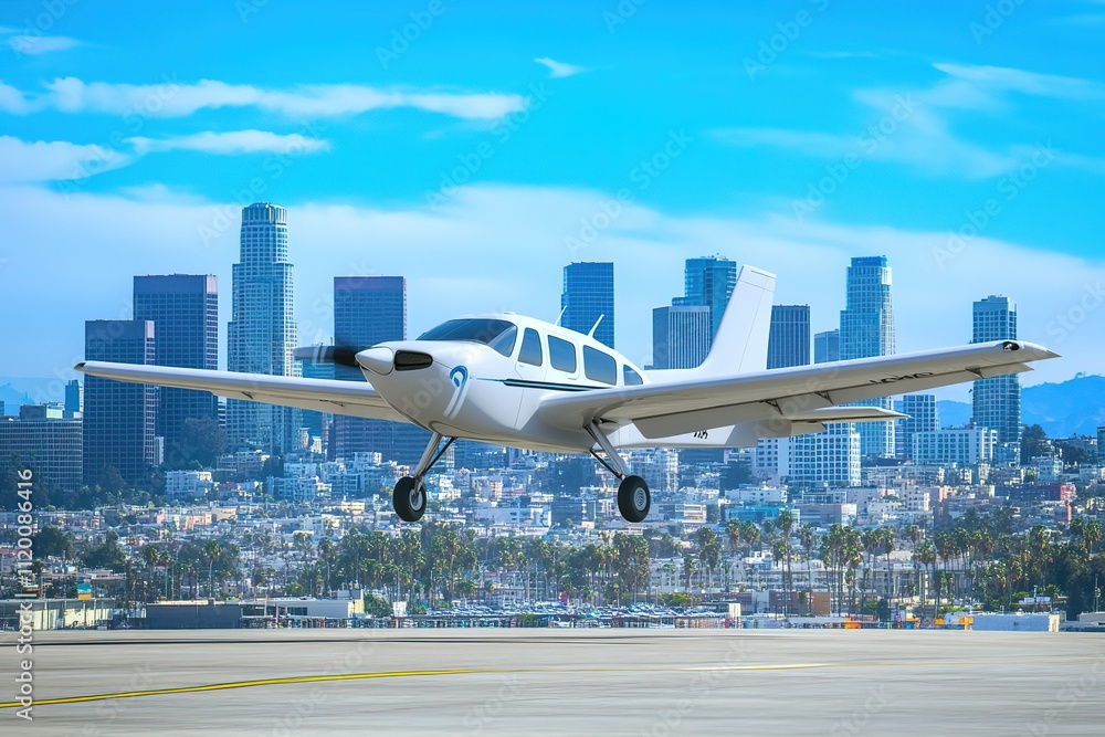 Small plane landing in urban cityscape, blue sky background Small plane landing in urban cityscape, blue sky background