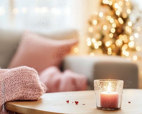 Cozy winter evening setup with warm candle glow and festive decorations in a comfortable living room photo