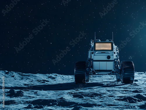 futuristic AI controlled space rover on moon surface, illuminated by stars. advanced GPS display highlights its technological capabilities in serene, cosmic environment photo