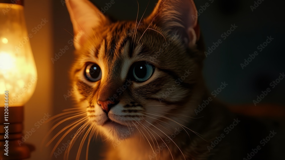 A cat sitting next to a lamp on a table A cat sitting next to a lamp on a table