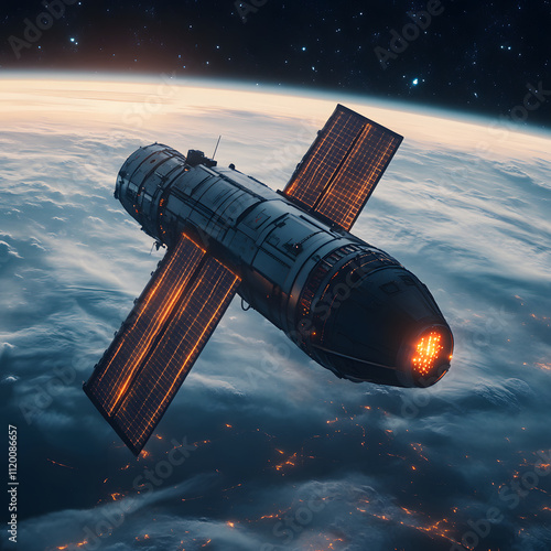 Wallpaper Mural futuristic spacecraft with solar panels orbiting planet, showcasing advanced technology and stunning view of atmosphere. scene evokes sense of exploration and innovation Torontodigital.ca