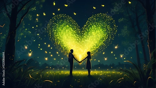 Love Sign of two person fulfilled with the Light of Fireflies in Golden and Green Color photo