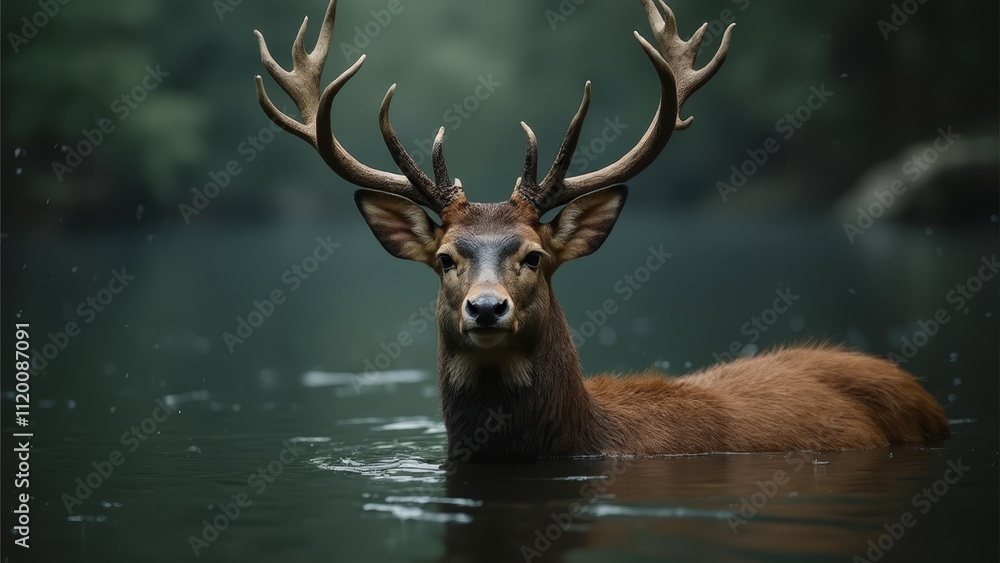 A deer with large antlers swimming in the water A deer with large antlers swimming in the water
