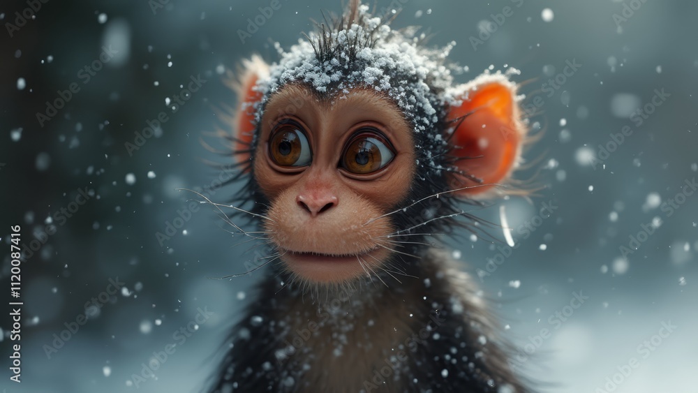 A monkey with snow on its head in the snow A monkey with snow on its head in the snow