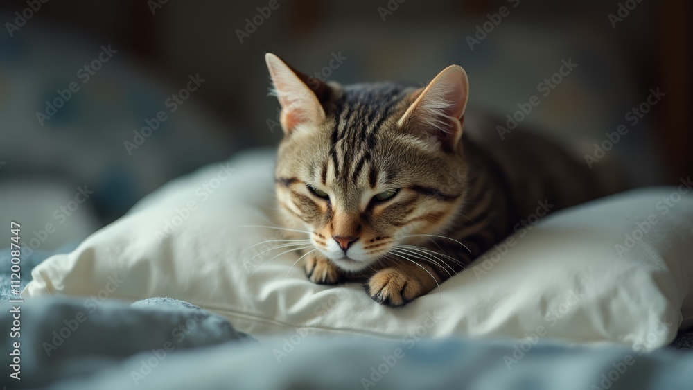 A cat laying on top of a pillow on a bed A cat laying on top of a pillow on a bed