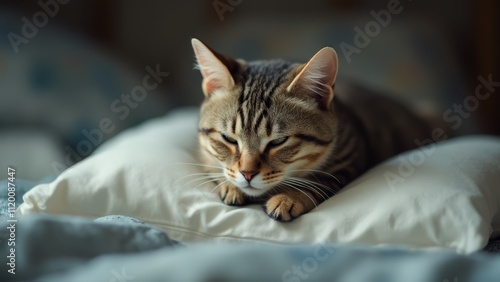 A cat laying on top of a pillow on a bed