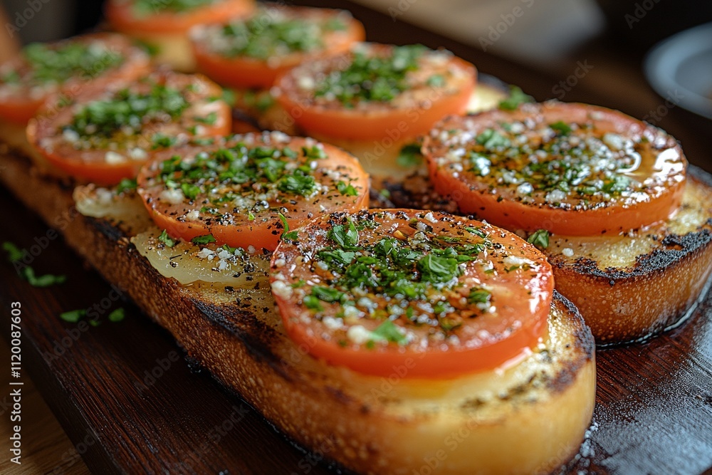Close-up of delicious toasted bread topped with juicy tomato slices, herbs, and seasoning. A simple yet appetizing dish! Close-up of delicious toasted bread topped with juicy tomato slices, herbs, and seasoning. A simple yet appetizing dish!