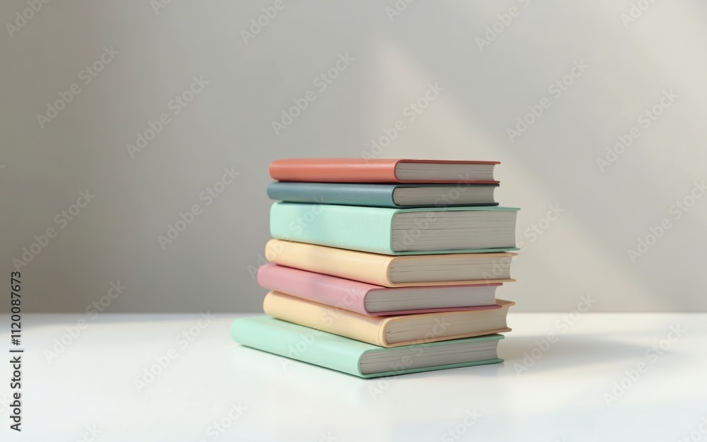 Stack of colorful books with pastel covers arranged on a white table against a bright background Stack of colorful books with pastel covers arranged on a white table against a bright background