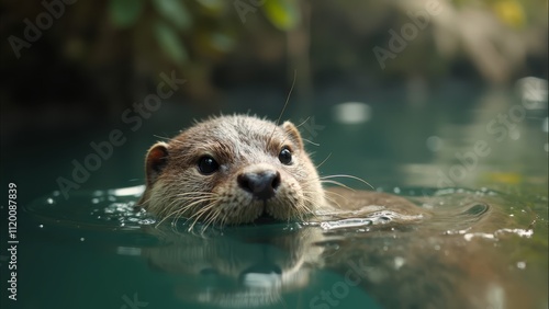 An otter swimming in the water looking at the camera