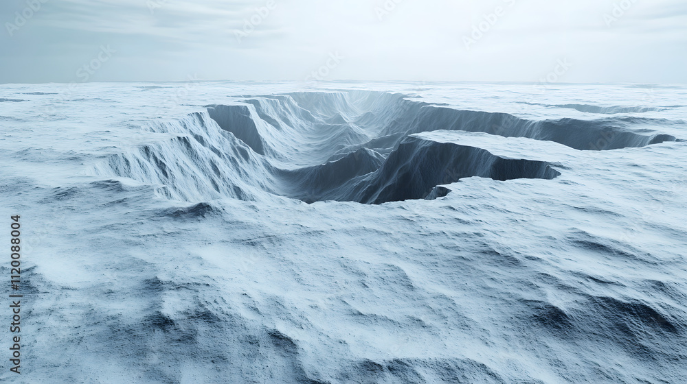 vast frozen landscape features shimmering ice canyons, creating stunning and serene atmosphere. icy terrain showcases deep crevices and smooth, reflective surface