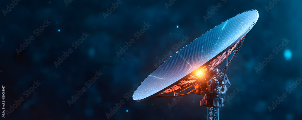 Fototapeta premium High tech satellite dish for monitoring space weather, featuring advanced technology and glowing light. Ideal for scientific research and communication