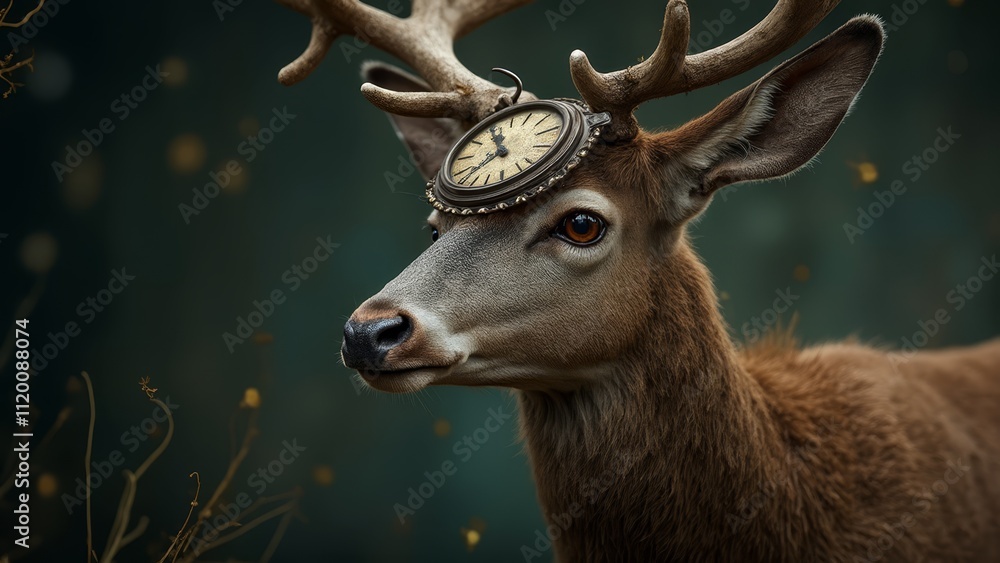 A deer with a clock on its head A deer with a clock on its head