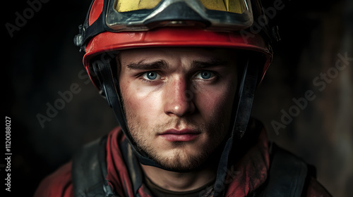 Nahes Porträt eines jungen Feuerwehrmannes in Schutzausrüstung photo