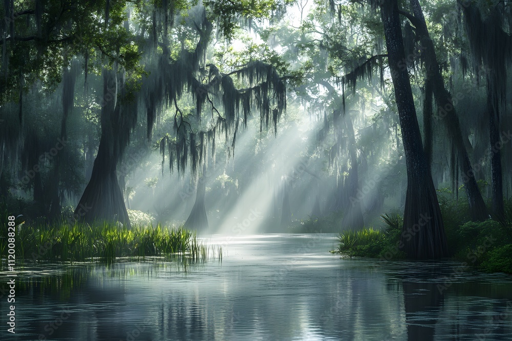 a mystical swamp with gnarled trees, dense fog, sunlight rays, serene water, and eerie glow in nature landscape a mystical swamp with gnarled trees, dense fog, sunlight rays, serene water, and eerie glow in nature landscape