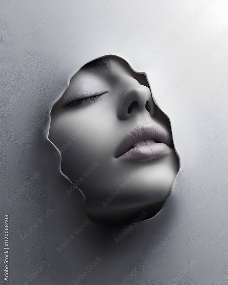 Surreales Porträt: Gesicht durchdringt eine abstrakte Oberfläche Surreales Porträt: Gesicht durchdringt eine abstrakte Oberfläche
