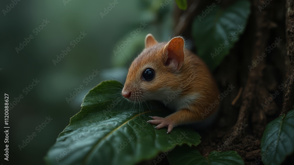 A small brown mouse sitting on top of a green leaf A small brown mouse sitting on top of a green leaf