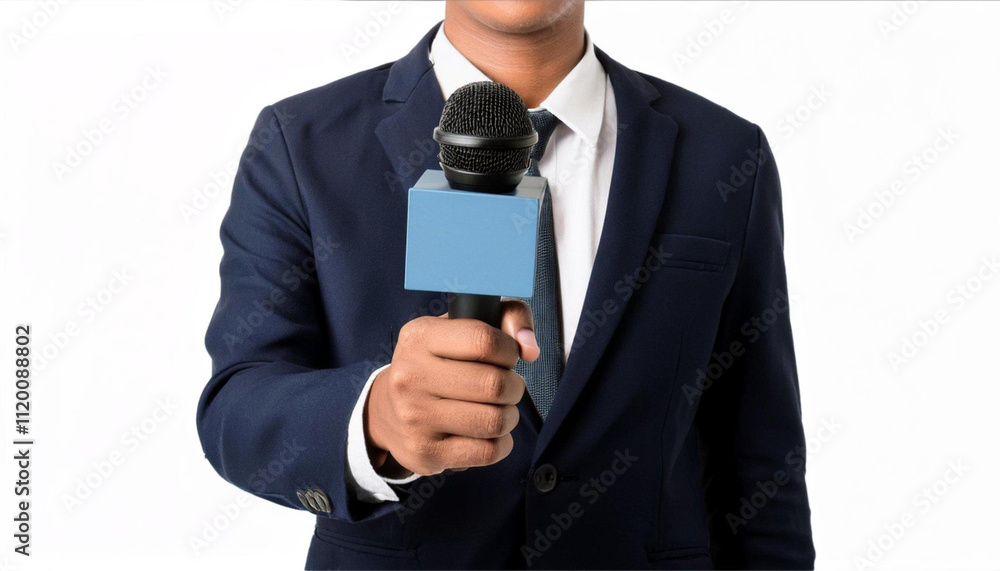 News Reporter Holding Microphone: Close-up of a journalist's hand holding a microphone, ready for an interview. A symbol of news broadcasting and communication. News Reporter Holding Microphone: Close-up of a journalist's hand holding a microphone, ready for an interview. A symbol of news broadcasting and communication.