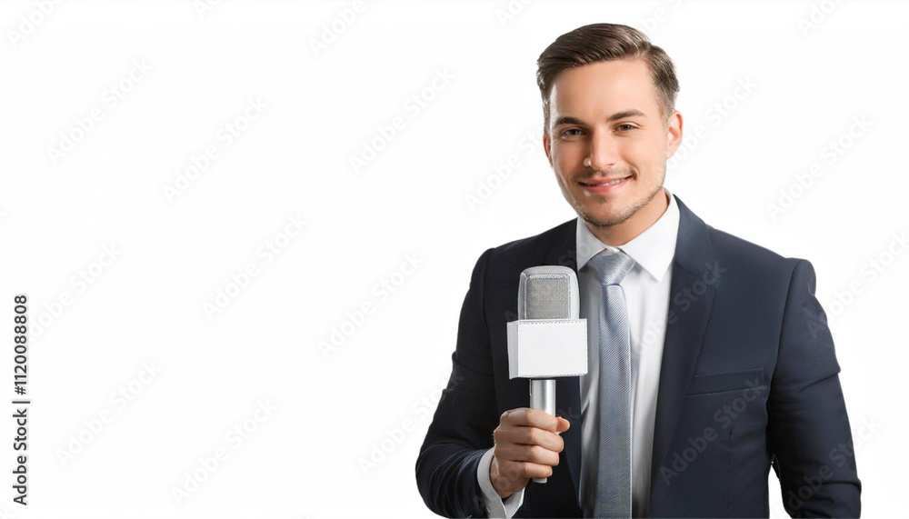 News Reporter on Air: Confident male news reporter holding a microphone, ready to deliver breaking news. His friendly smile and professional attire convey trustworthiness and authority. News Reporter on Air: Confident male news reporter holding a microphone, ready to deliver breaking news. His friendly smile and professional attire convey trustworthiness and authority.