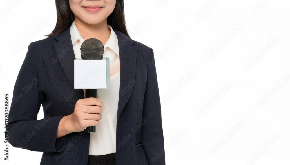 Reporter with Microphone and Blank Sign: A professional woman reporter holds a microphone with a blank sign, ready to deliver the news. The image is perfect for showcasing news, interviews. Reporter with Microphone and Blank Sign: A professional woman reporter holds a microphone with a blank sign, ready to deliver the news. The image is perfect for showcasing news, interviews.
