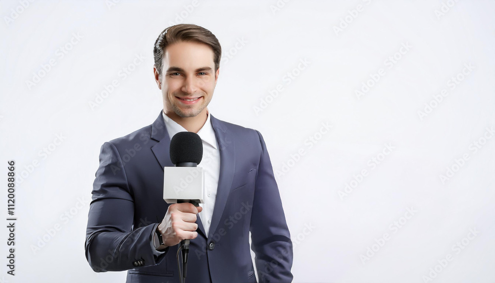 Reporter Ready to Broadcast: A young, charismatic male reporter stands confidently with a microphone in hand, ready to deliver the news. Reporter Ready to Broadcast: A young, charismatic male reporter stands confidently with a microphone in hand, ready to deliver the news.