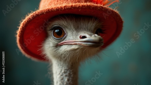 An ostrich wearing a red hat looking at the camera photo