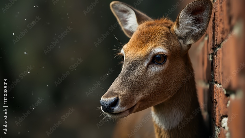 A close up of a deer peeking out from behind a brick wall A close up of a deer peeking out from behind a brick wall