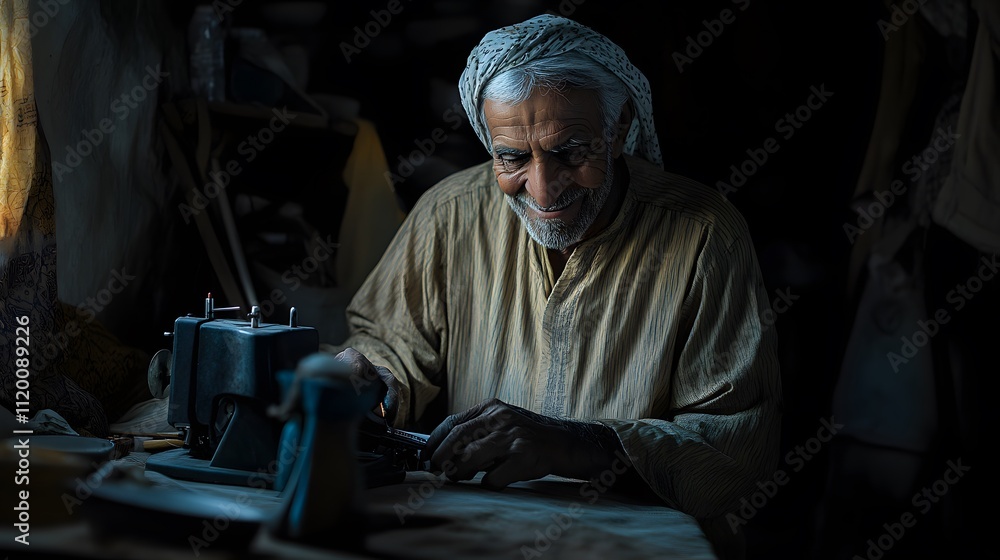 An elderly man with a warm smile, sewing on an ironing machine An elderly man with a warm smile, sewing on an ironing machine