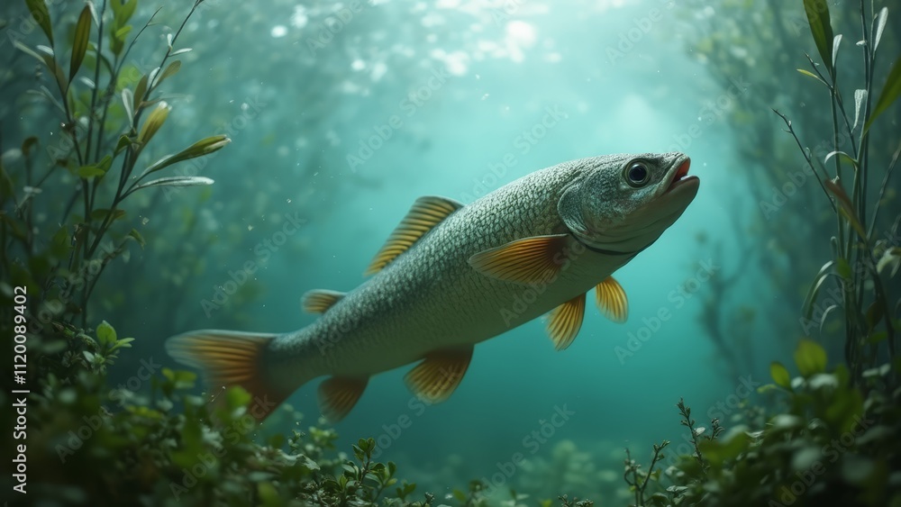 A fish swimming in the water surrounded by plants A fish swimming in the water surrounded by plants