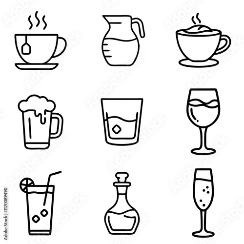 Assorted drinkware in a playful linear style suitable for drink related designs and menus
