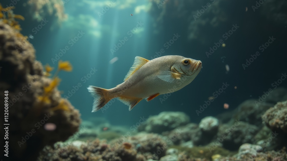 A fish swimming in the ocean near a coral reef A fish swimming in the ocean near a coral reef