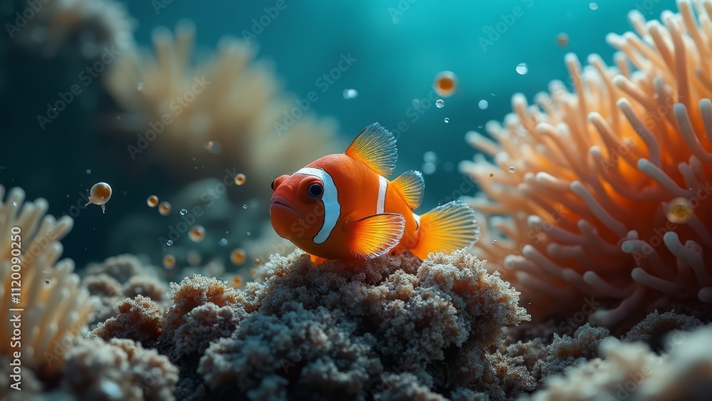 A clown fish in an anemonic sea anemone in the ocean A clown fish in an anemonic sea anemone in the ocean