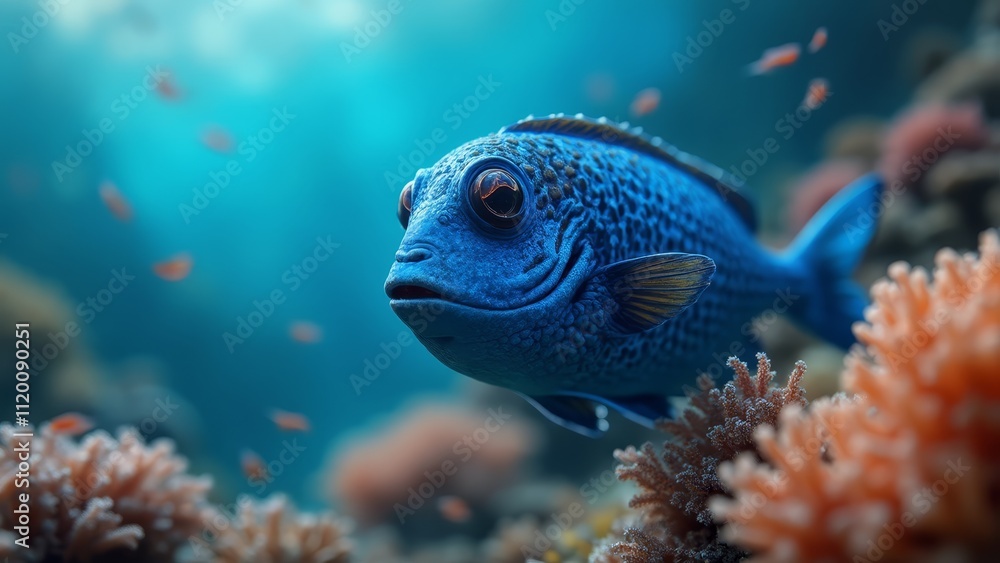 A blue fish swimming in the ocean surrounded by coral A blue fish swimming in the ocean surrounded by coral