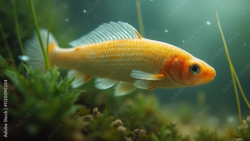 A goldfish swimming in an aquarium with green plants A goldfish swimming in an aquarium with green plants