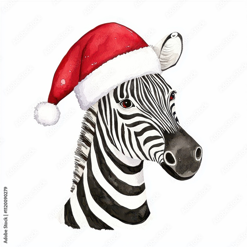A festive zebra wearing a red Santa hat, combining holiday cheer with a unique animal design. A festive zebra wearing a red Santa hat, combining holiday cheer with a unique animal design.