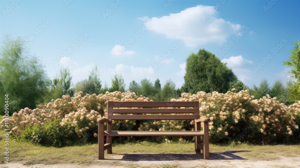 Relaxing park bench near a flower garden with a backdrop of tall bushes and a clear blue sky isolated on white background Relaxing park bench near a flower garden with a backdrop of tall bushes and a clear blue sky isolated on white background