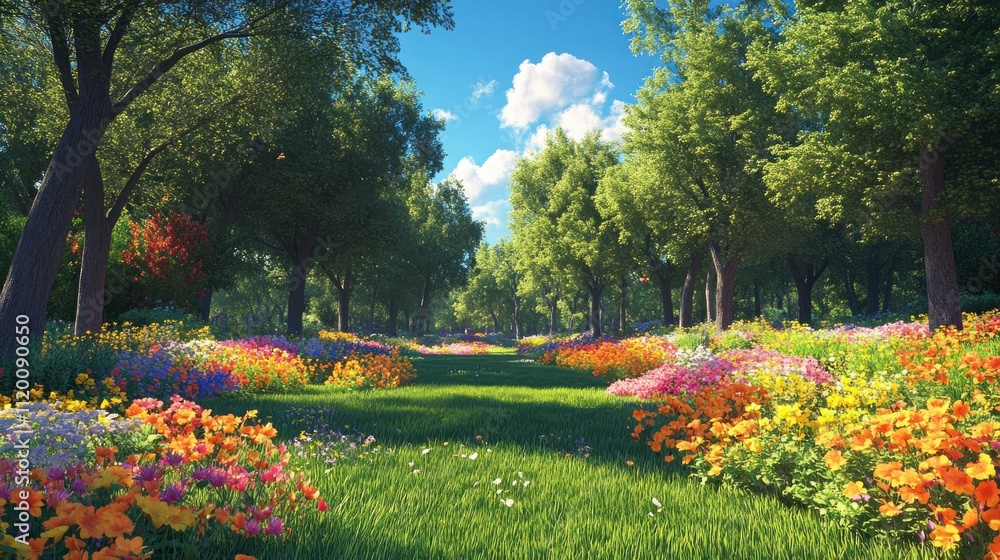 A picturesque path through a lush green forest with vibrant wildflowers blooming along the sides, under a clear blue sky. A picturesque path through a lush green forest with vibrant wildflowers blooming along the sides, under a clear blue sky.