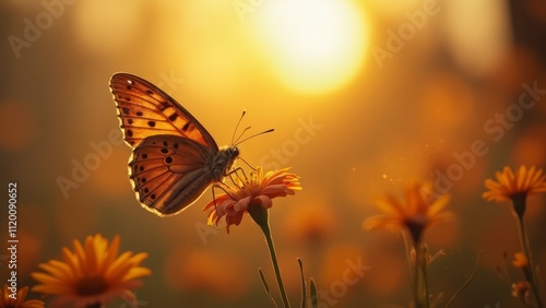 A butterfly sitting on top of a flower in a field