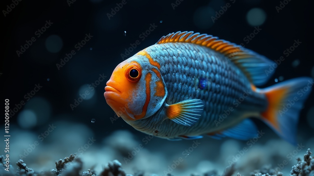 A blue and orange fish swimming in an aquarium A blue and orange fish swimming in an aquarium