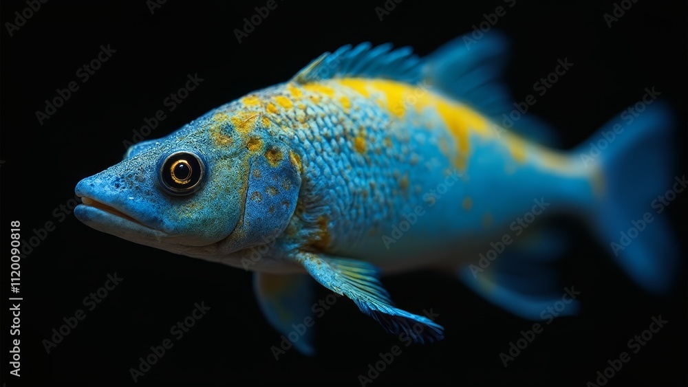 A blue and yellow fish with a black background A blue and yellow fish with a black background