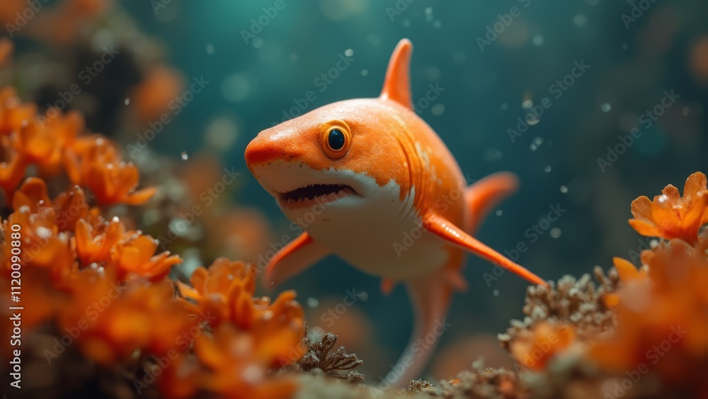 A small orange fish swimming in a coral reef A small orange fish swimming in a coral reef