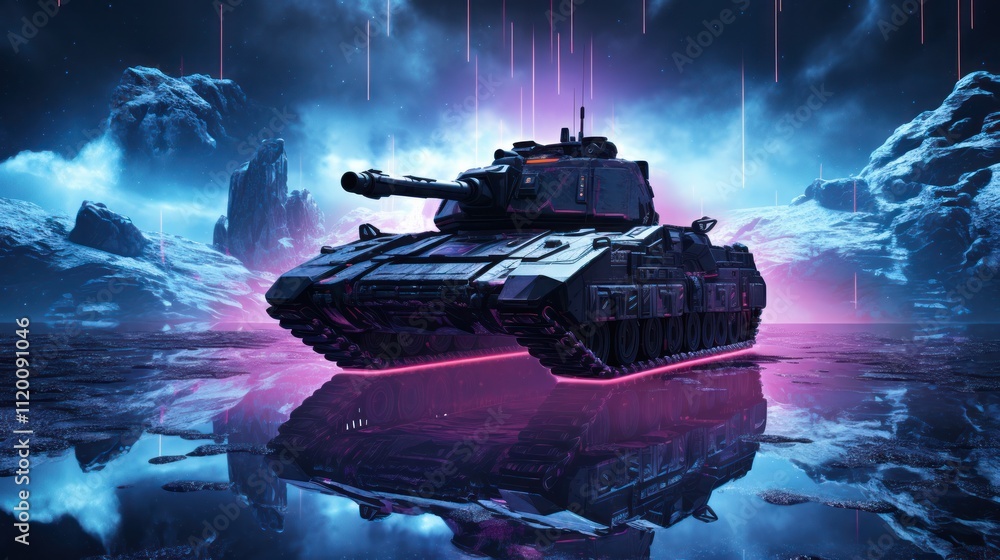 Sci-fi neon-lit battlefield with a significant central object, dark space backdrop, and reflections on a wet, reflective surface isolated on white background Sci-fi neon-lit battlefield with a significant central object, dark space backdrop, and reflections on a wet, reflective surface isolated on white background