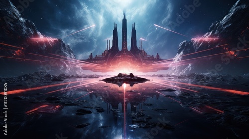 Sci-fi neon-lit battlefield with a significant central object, dark space backdrop, and reflections on a wet, reflective surface isolated on white background